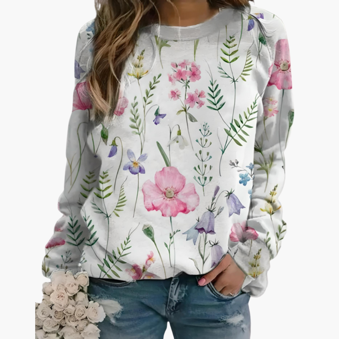 Felpa con motivo floreale da donna con collo rotondo e maniche lunghe