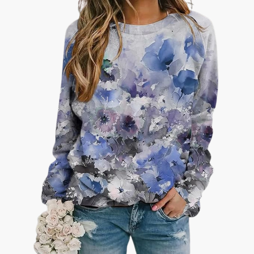 Felpa con motivo floreale da donna con collo rotondo e maniche lunghe