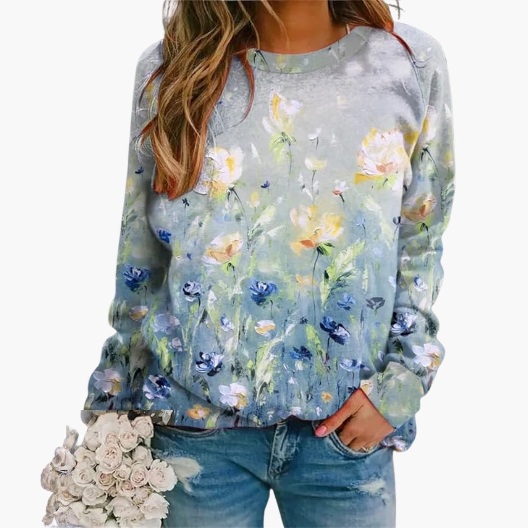 Felpa con motivo floreale da donna con collo rotondo e maniche lunghe