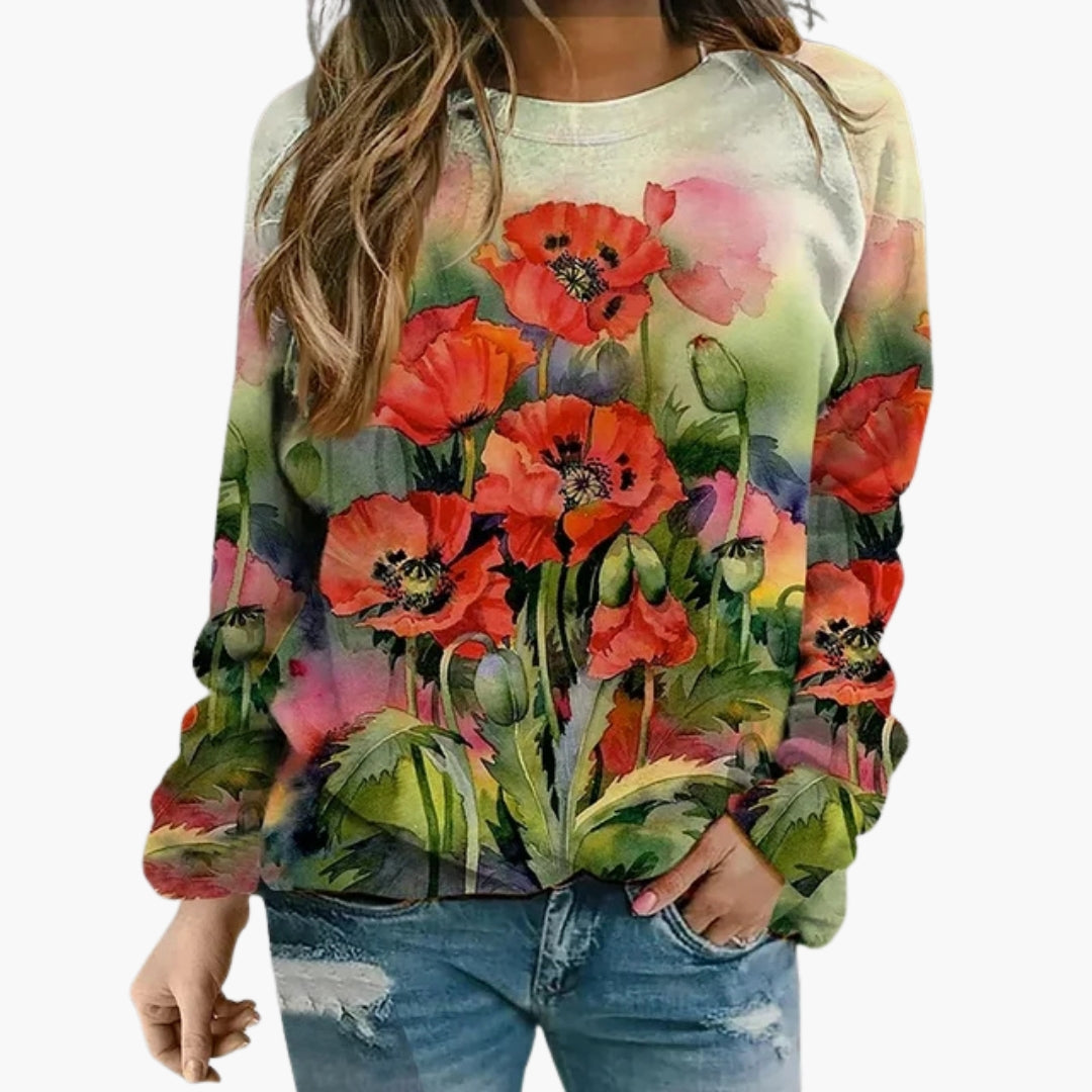 Felpa con motivo floreale da donna con collo rotondo e maniche lunghe