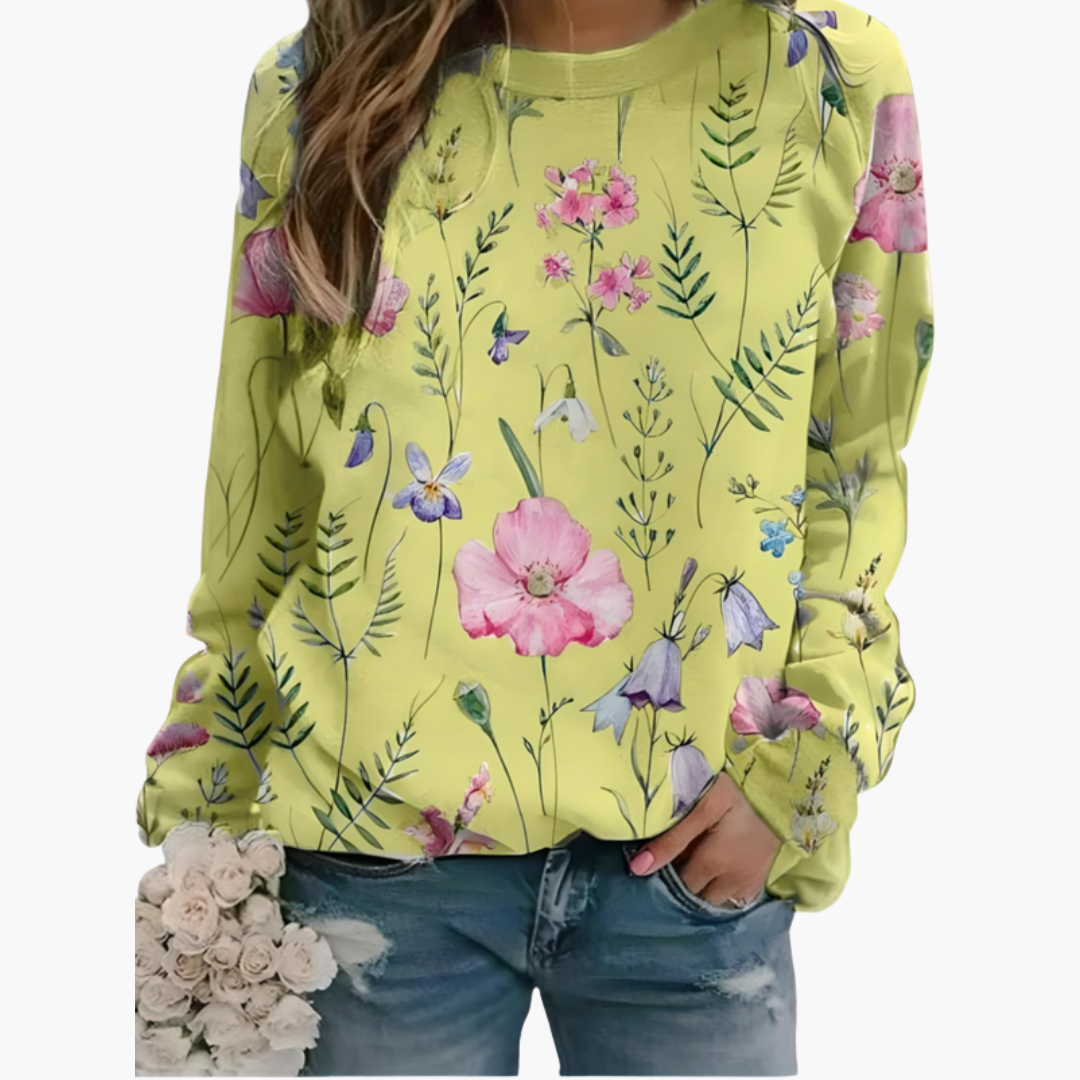 Felpa con motivo floreale da donna con collo rotondo e maniche lunghe