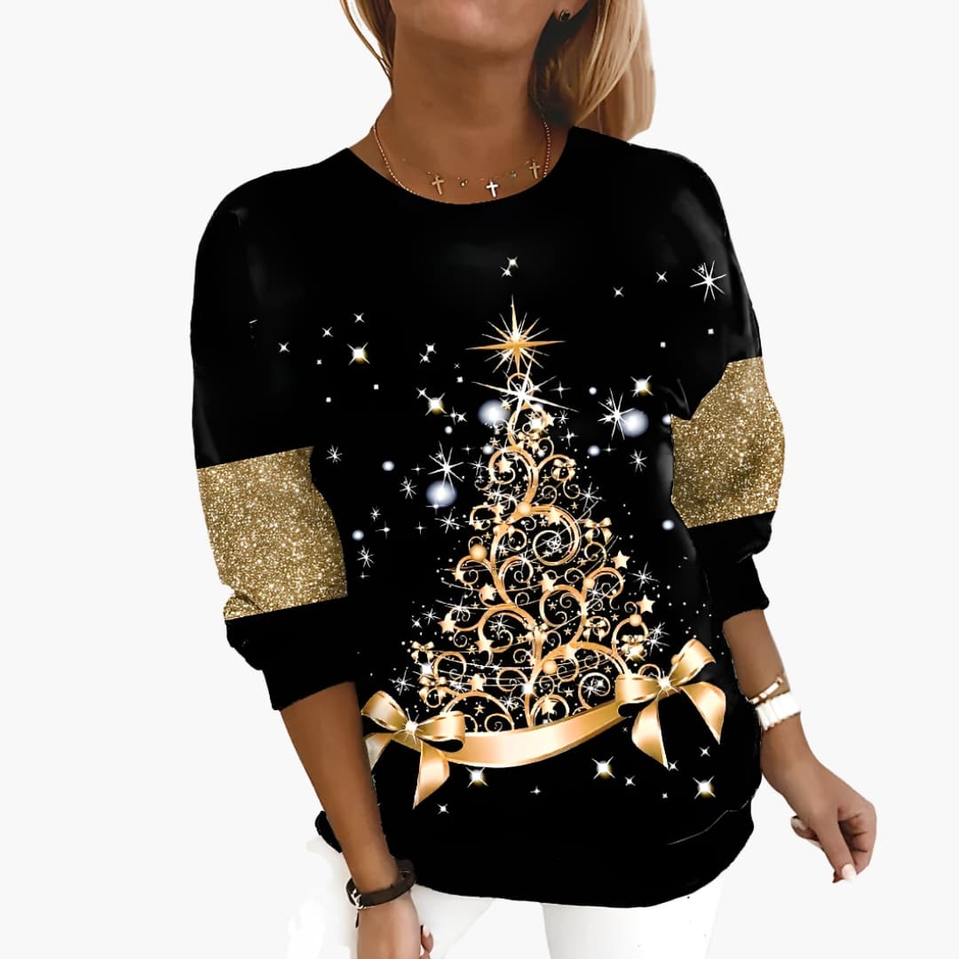 Sweat-shirt femme à col rond avec motif sapin de Noël doré