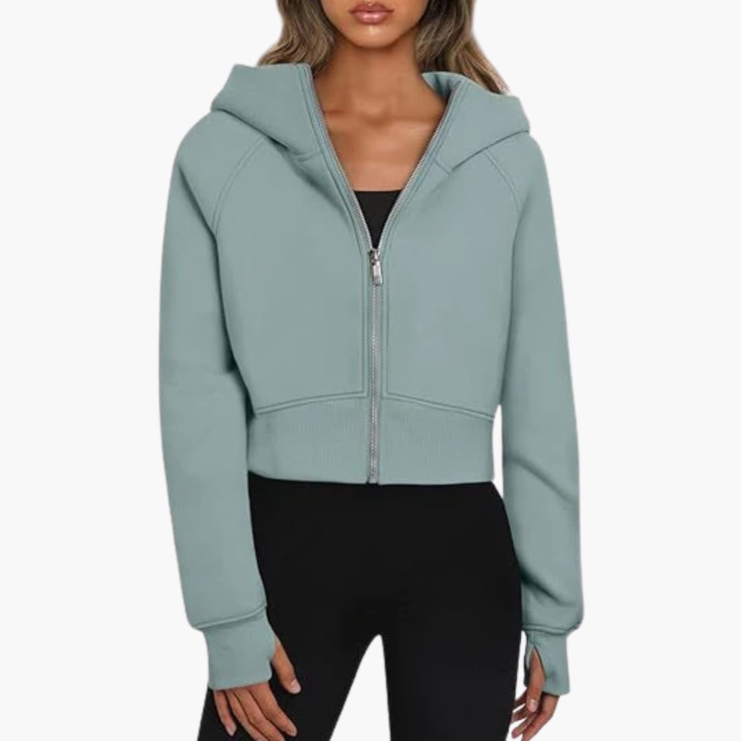 Sudadera corta con capucha para mujer con cierre de cremallera y dobladillo acanalado