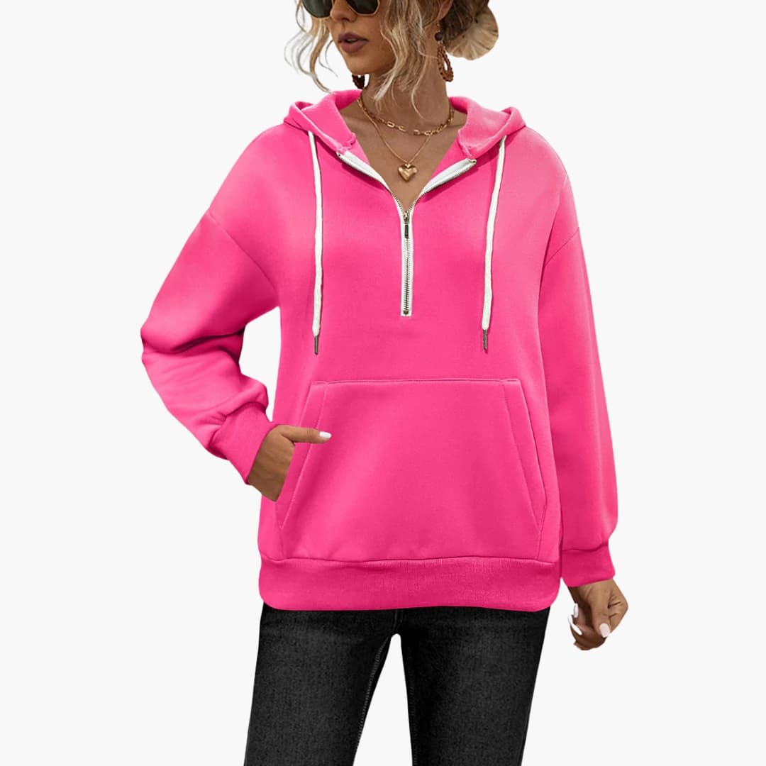 Sweat com capuz para mulher com meio fecho e bolso canguru Cor cor-de-rosa vivo
