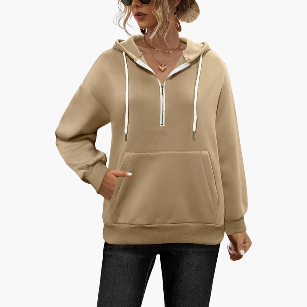 Sweat com capuz para mulher com meio fecho e bolso canguru Cor cor-de-rosa vivo