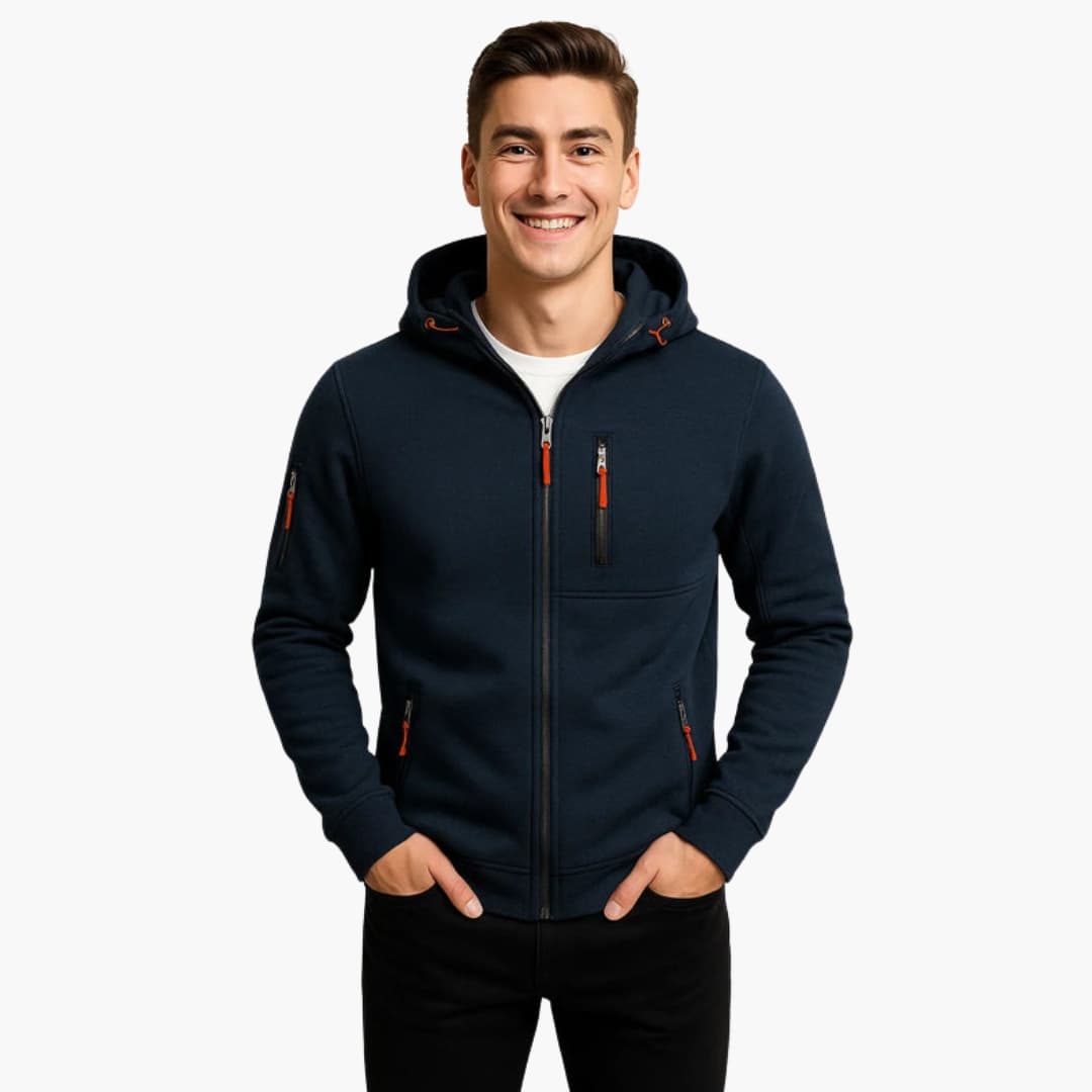 Sweat à capuche zippé pour homme avec multiples poches et détails zips contrastés