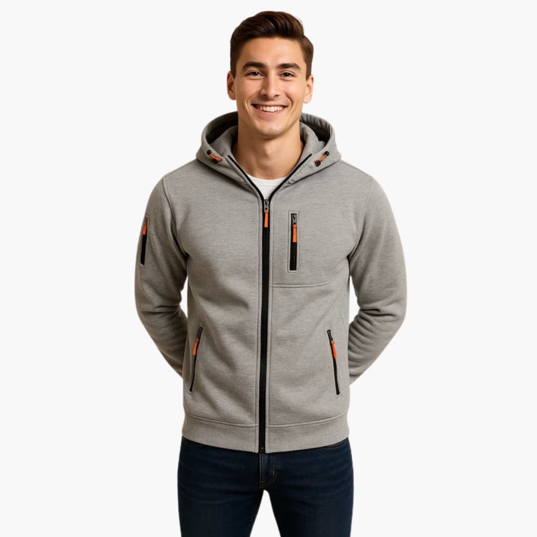 Sweat à capuche zippé pour homme avec multiples poches et détails zips contrastés