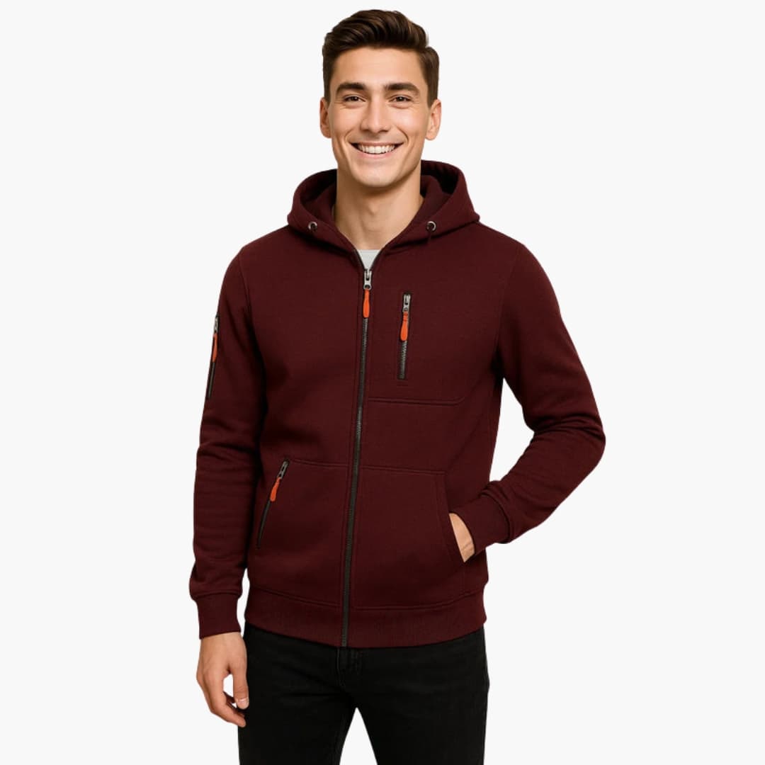 Sweat à capuche zippé pour homme avec multiples poches et détails zips contrastés