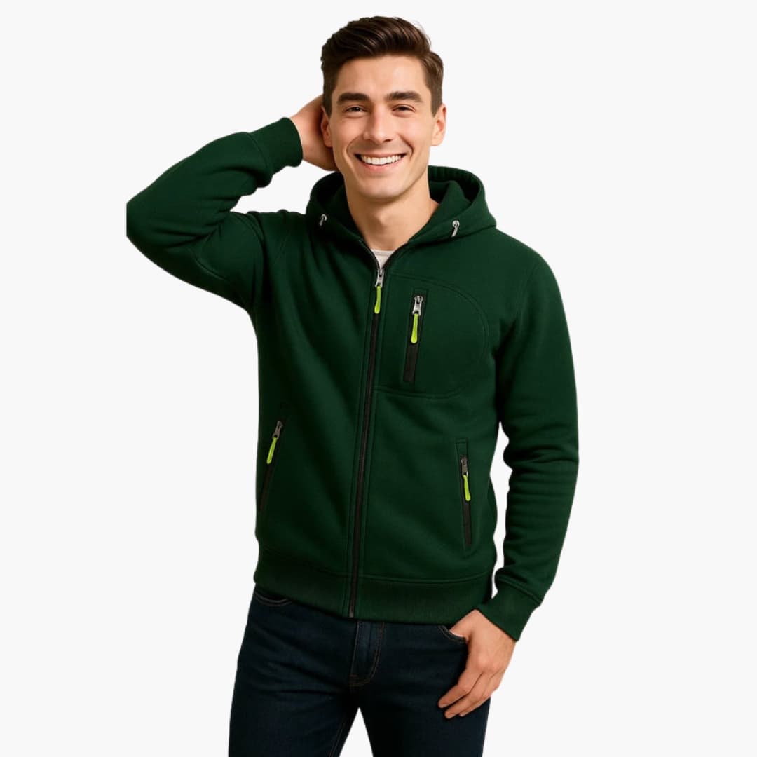 Sweat à capuche zippé pour homme avec multiples poches et détails zips contrastés