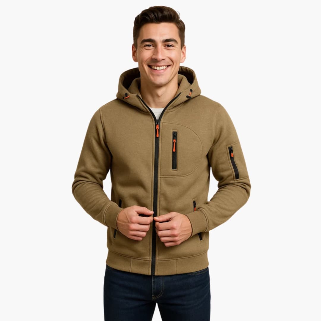 Sweat à capuche zippé pour homme avec multiples poches et détails zips contrastés