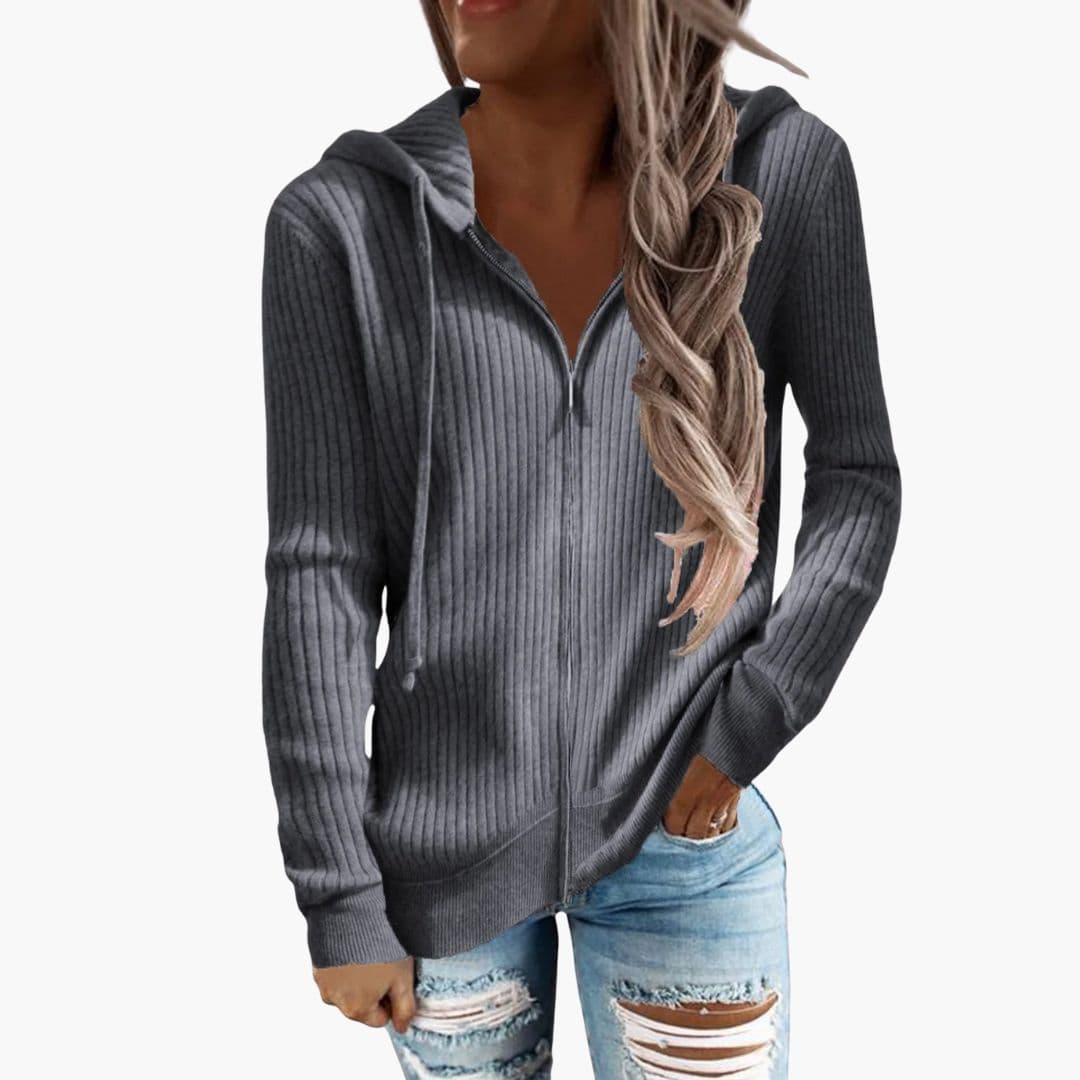 Sudadera con cremallera para mujer con capucha y superficie acanalada