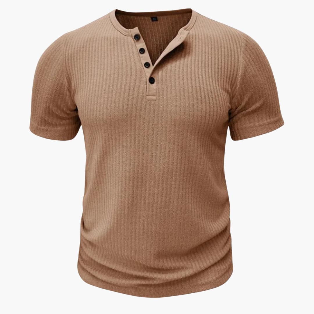 T shirt homme à manches courtes avec col tunisien et surface côtelée