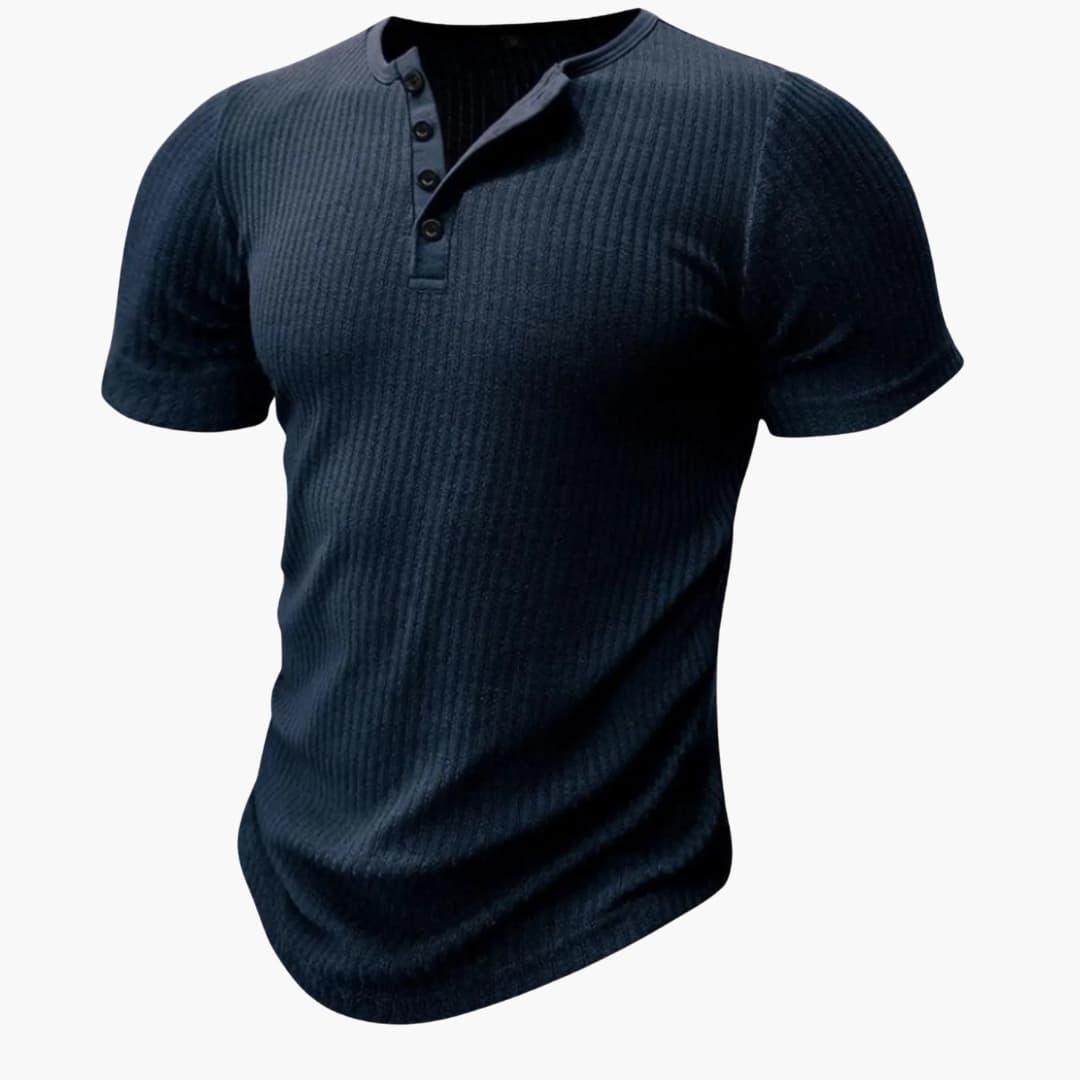 T shirt homme à manches courtes avec col tunisien et surface côtelée