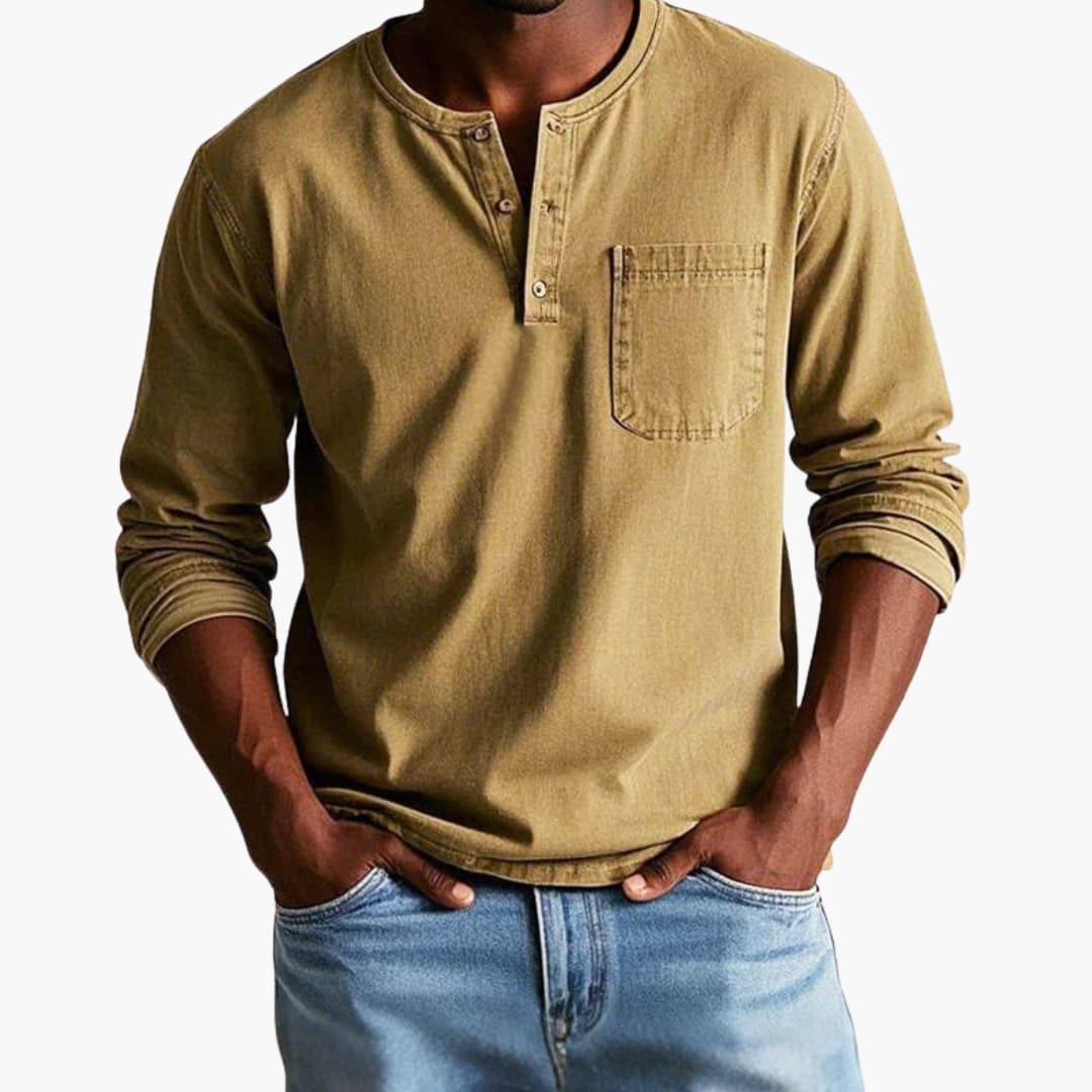 T shirt homme à manches longues avec col rond et poche poitrine