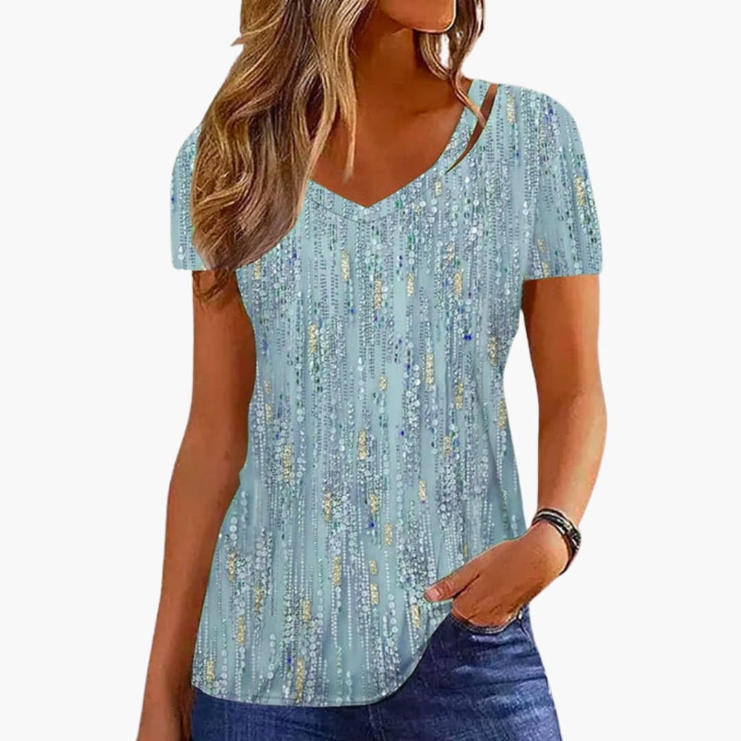 Glänzendes V-Ausschnitt T-Shirt für Damen mit figurbetonter Passform, ideal für festliche Anlässe