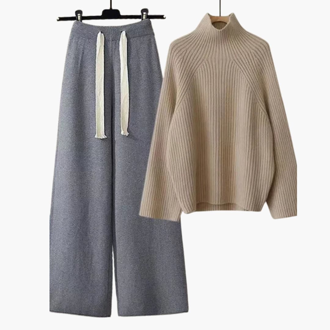 Ensemble tricoté deux pièces pour femme avec haut à col montant et pantalon à jambes larges