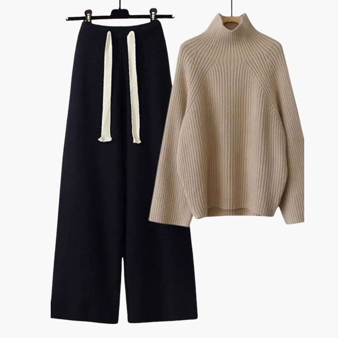 Ensemble tricoté deux pièces pour femme avec haut à col montant et pantalon à jambes larges
