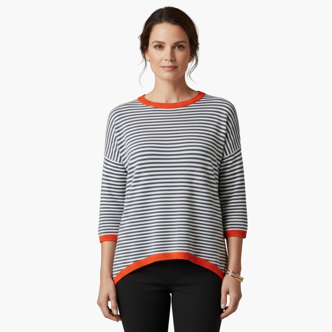 Long-sleeve striped top for women with contrast trim