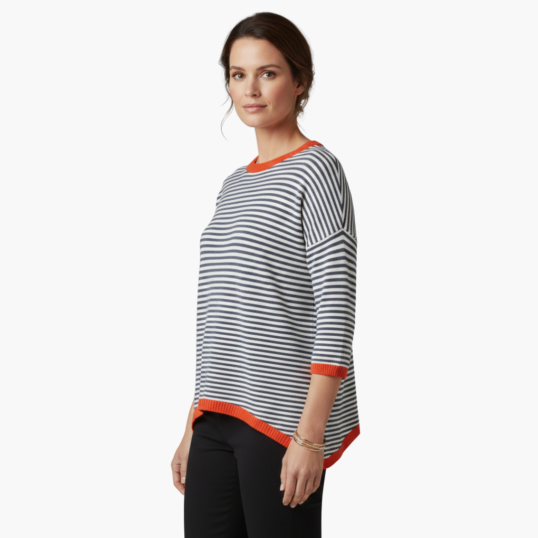 Long-sleeve striped top for women with contrast trim