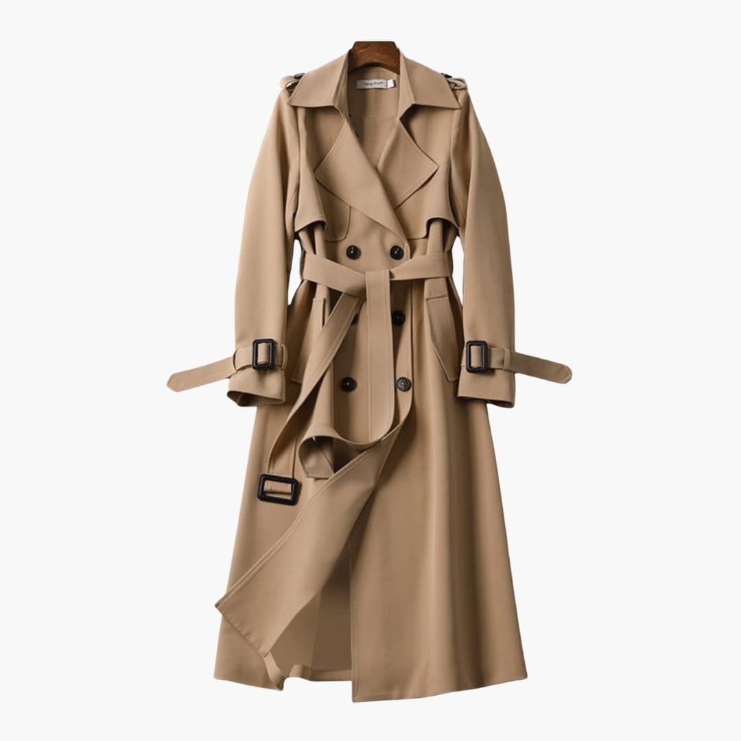 Trench long femme avec ceinture à la taille et col à revers