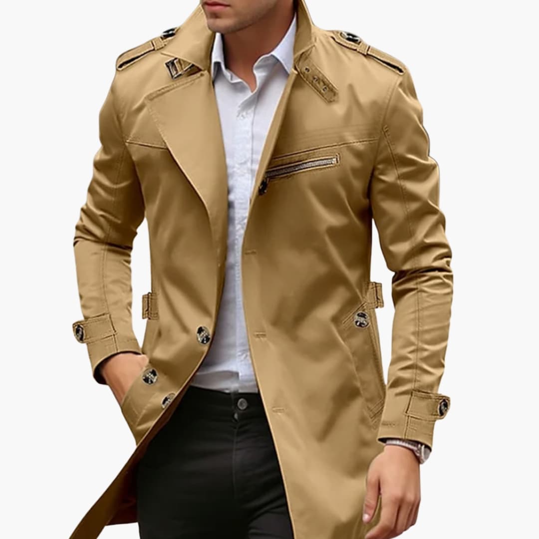 Trench long homme avec col à revers et fermeture boutonnée