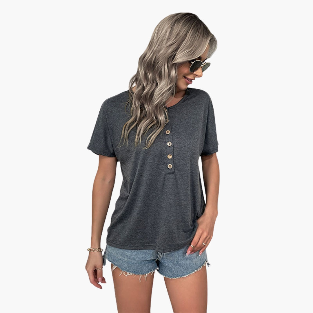 T-shirt donna con collo rotondo e patta con bottoni