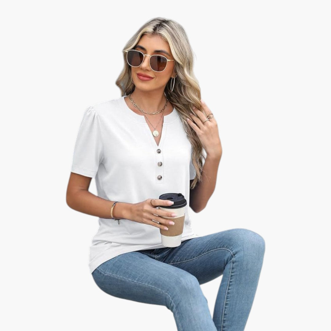 Maglietta donna con scollo abbottonato e maniche corte