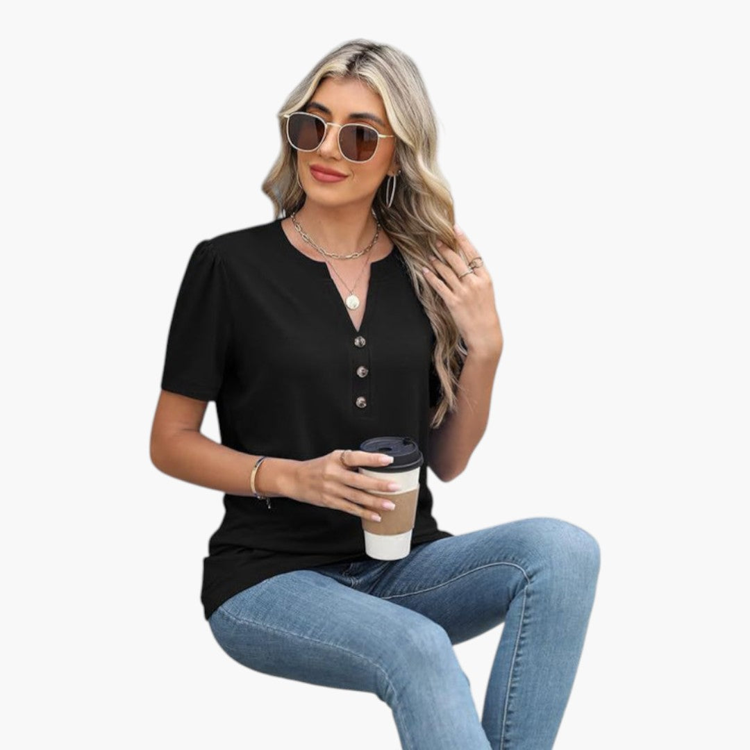 Maglietta donna con scollo abbottonato e maniche corte