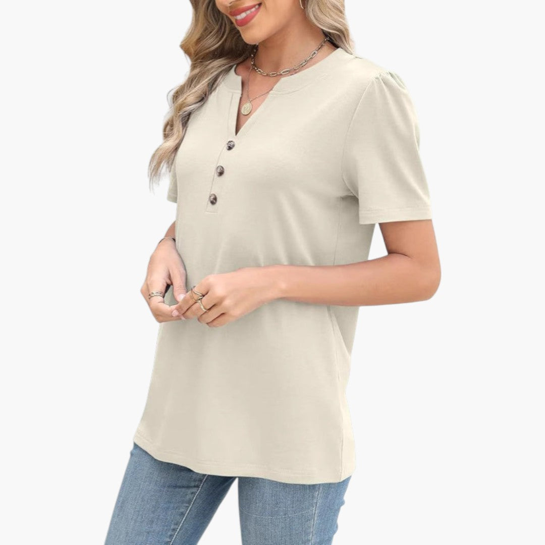 Maglietta donna con scollo abbottonato e maniche corte