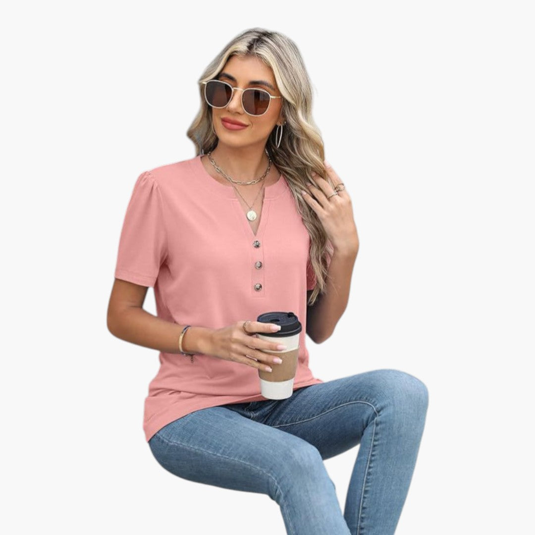 Maglietta donna con scollo abbottonato e maniche corte