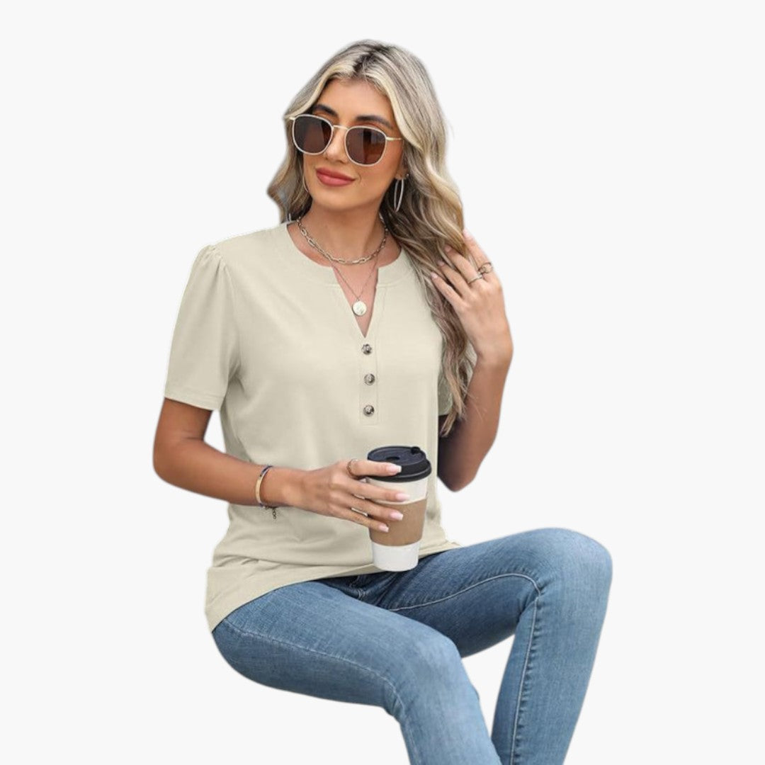Maglietta donna con scollo abbottonato e maniche corte