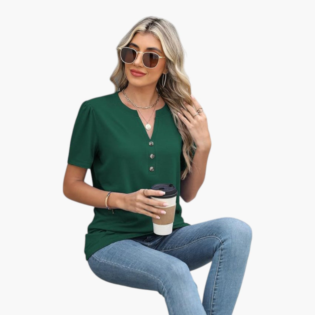 Maglietta donna con scollo abbottonato e maniche corte