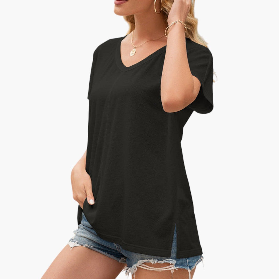 Maglietta donna con scollo a V e spacchi laterali