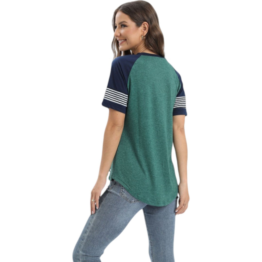 Maglietta donna con maniche raglan e inserti a righe