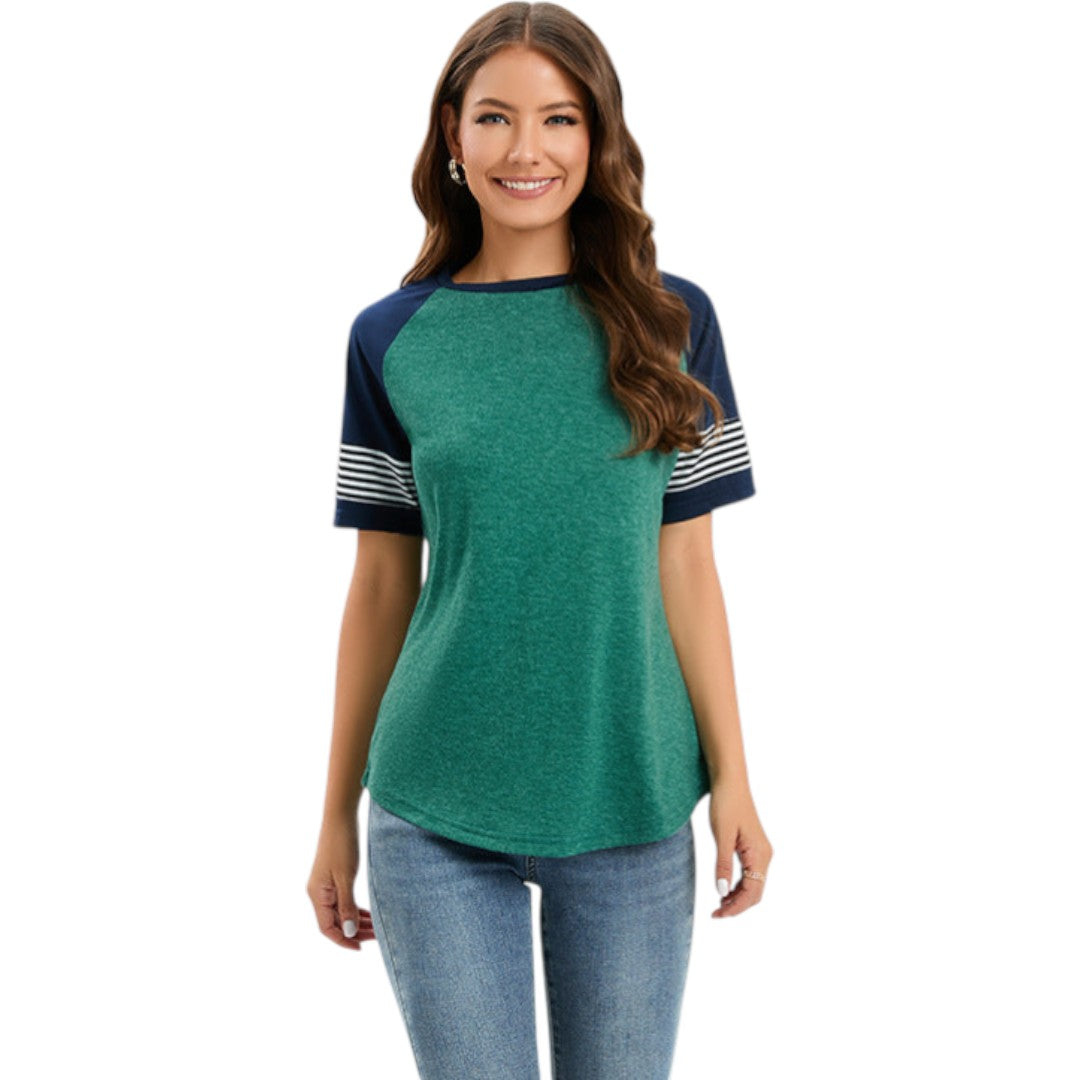 Maglietta donna con maniche raglan e inserti a righe