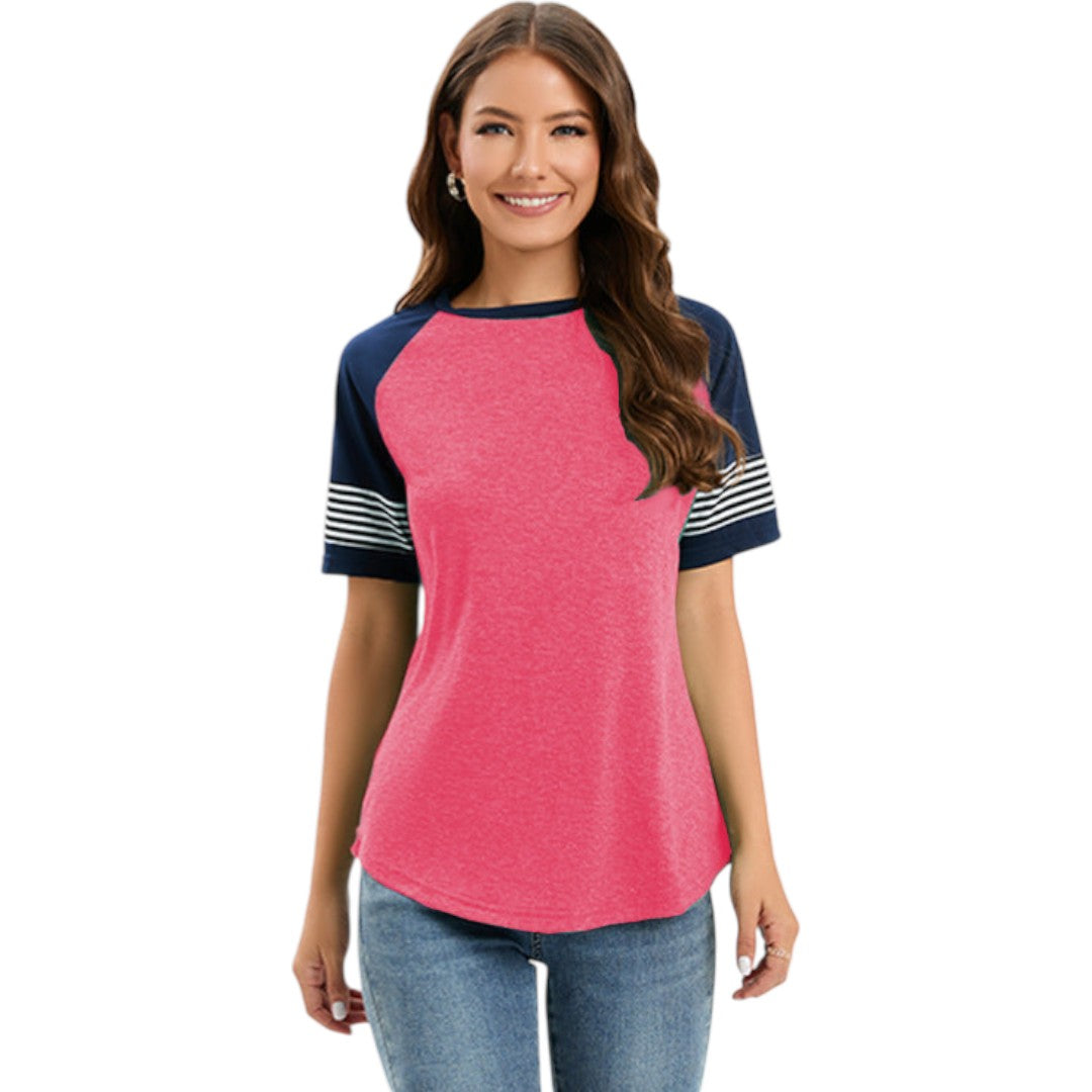 Maglietta donna con maniche raglan e inserti a righe