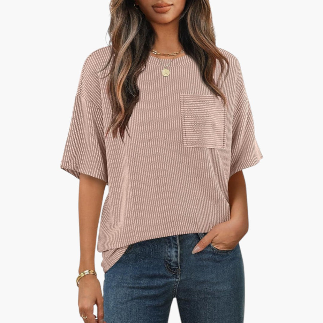 T-shirt de mulher às riscas com bolso no peito