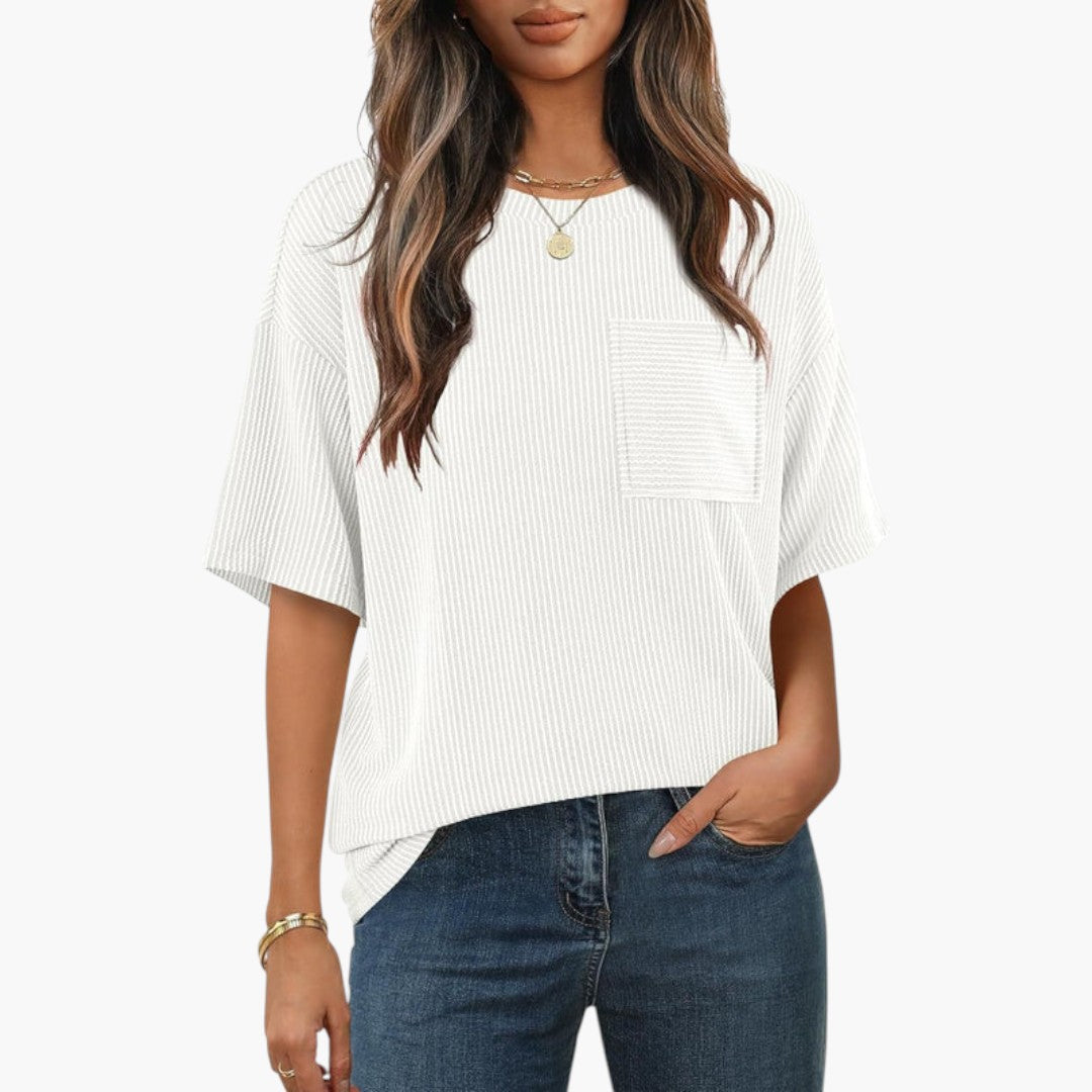 T-shirt de mulher às riscas com bolso no peito