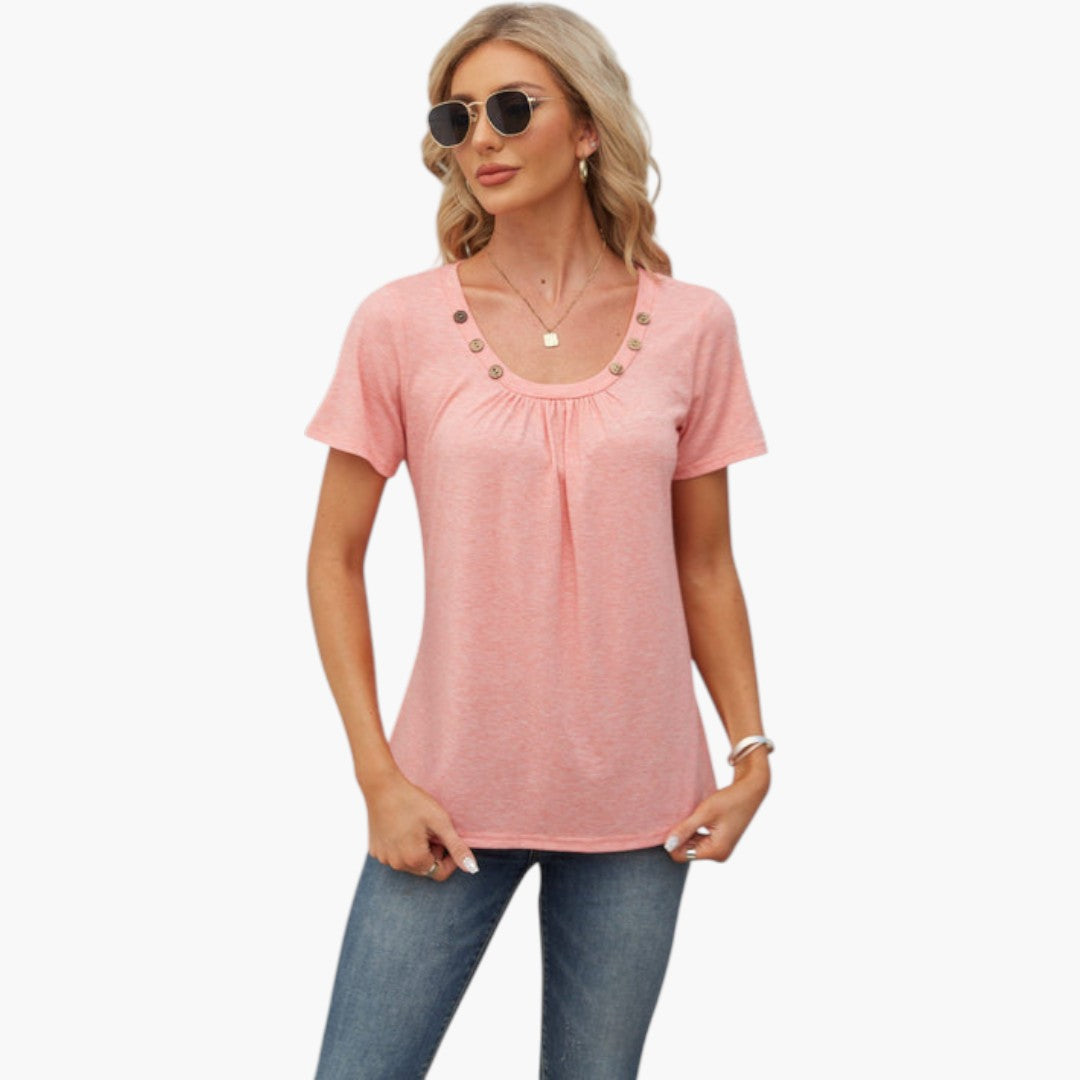 Maglietta donna con bottoni decorativi e maniche corte