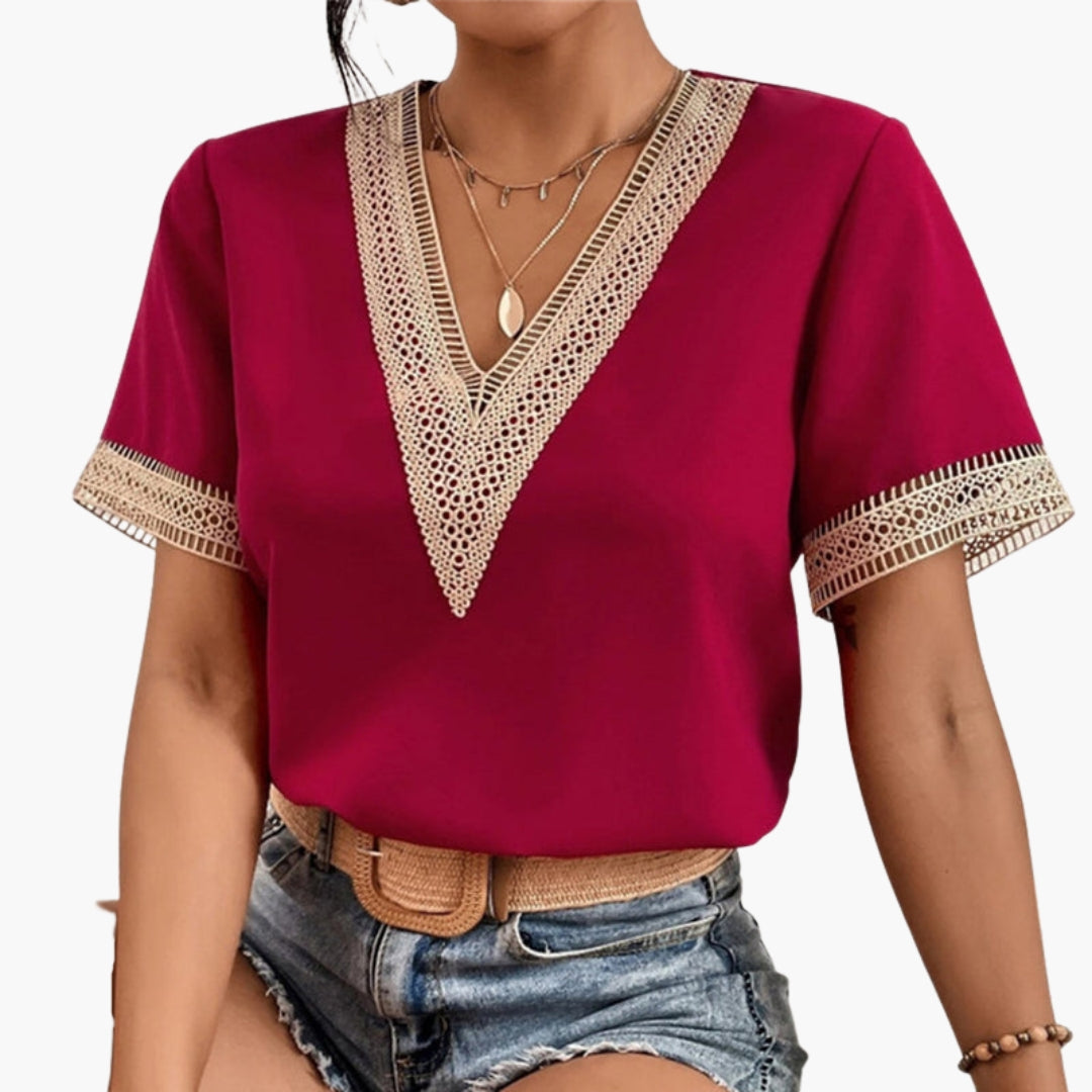Maglietta donna scollo a V con bordo in pizzo