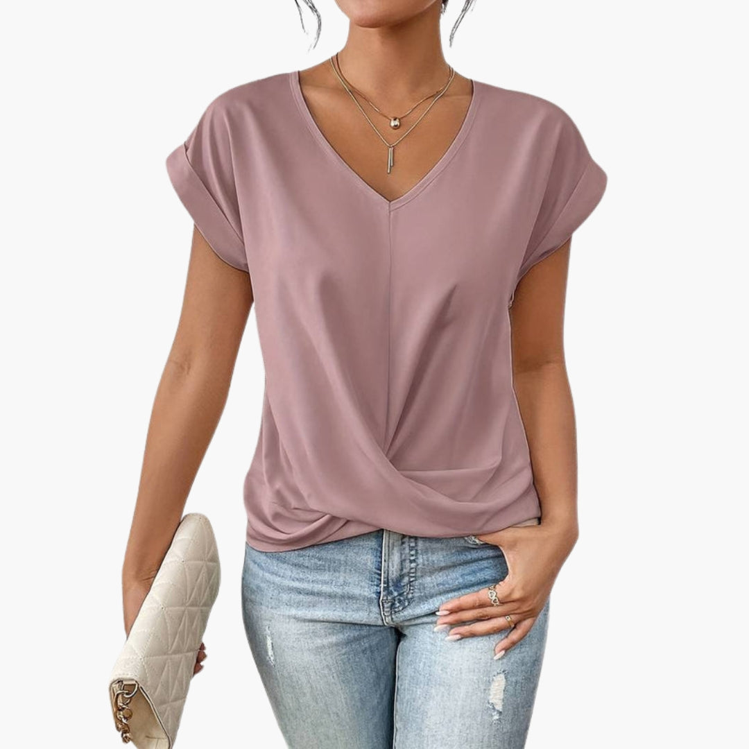 Maglietta donna con scollo a V e orlo intrecciato sul davanti