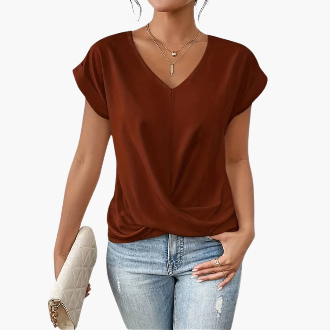 Maglietta donna con scollo a V e orlo intrecciato sul davanti