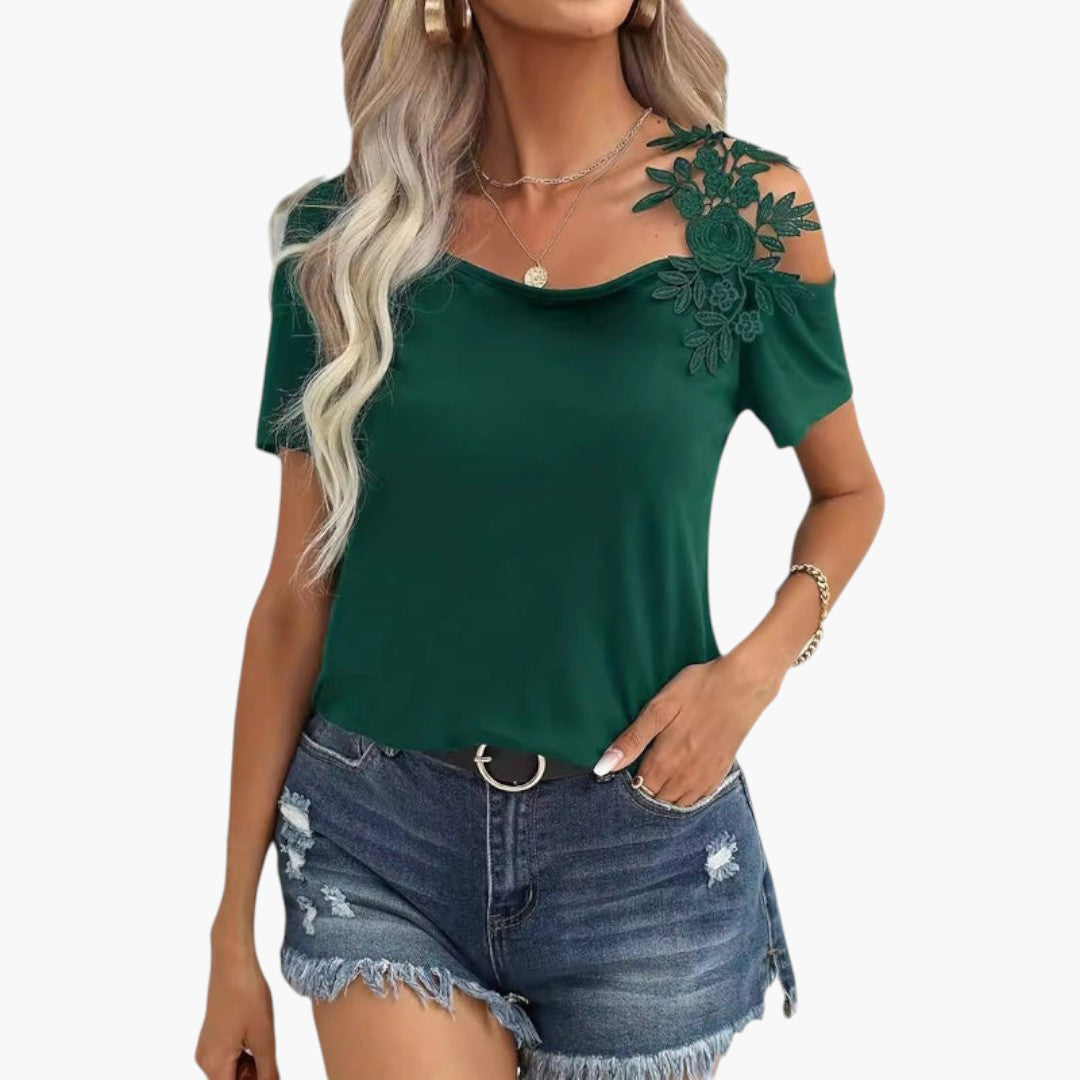 Maglietta donna scollo ampio con applicazione floreale