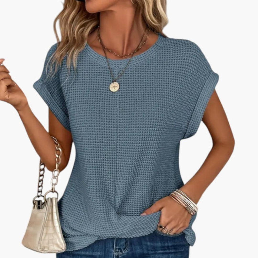 Maglietta donna con scollo rotondo e orlo intrecciato sul davanti