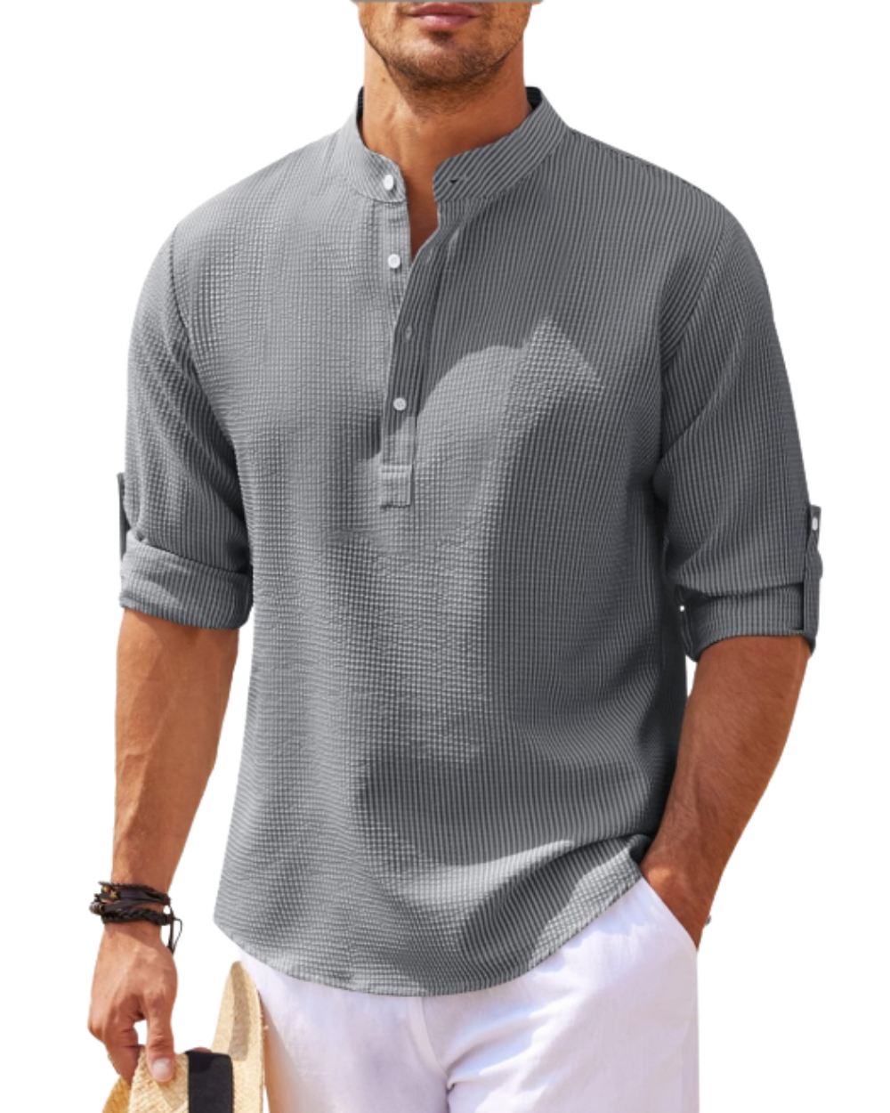 Chemise homme col tunisien | Manches longues retroussables, patte boutonnée | Coupe décontractée respirante