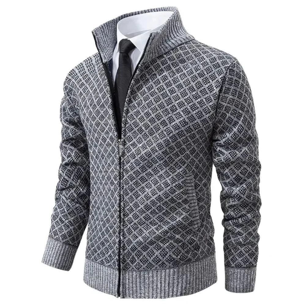 Veste en tricot zippée pour homme avec motif géométrique et poignets côtelés