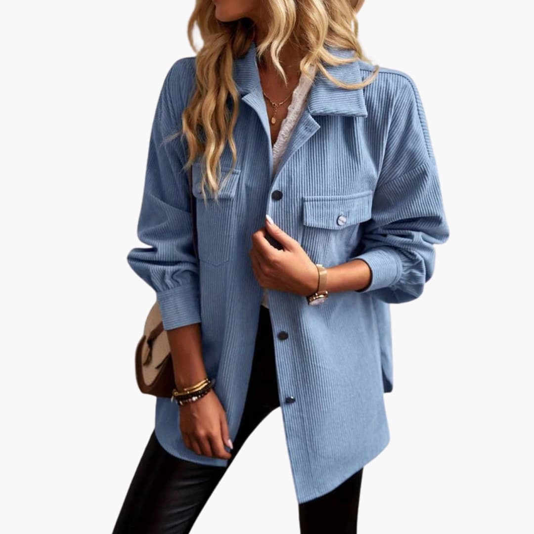 Veste Chemise Côtelée Femme avec Fermeture à Boutons et Poches Frontales