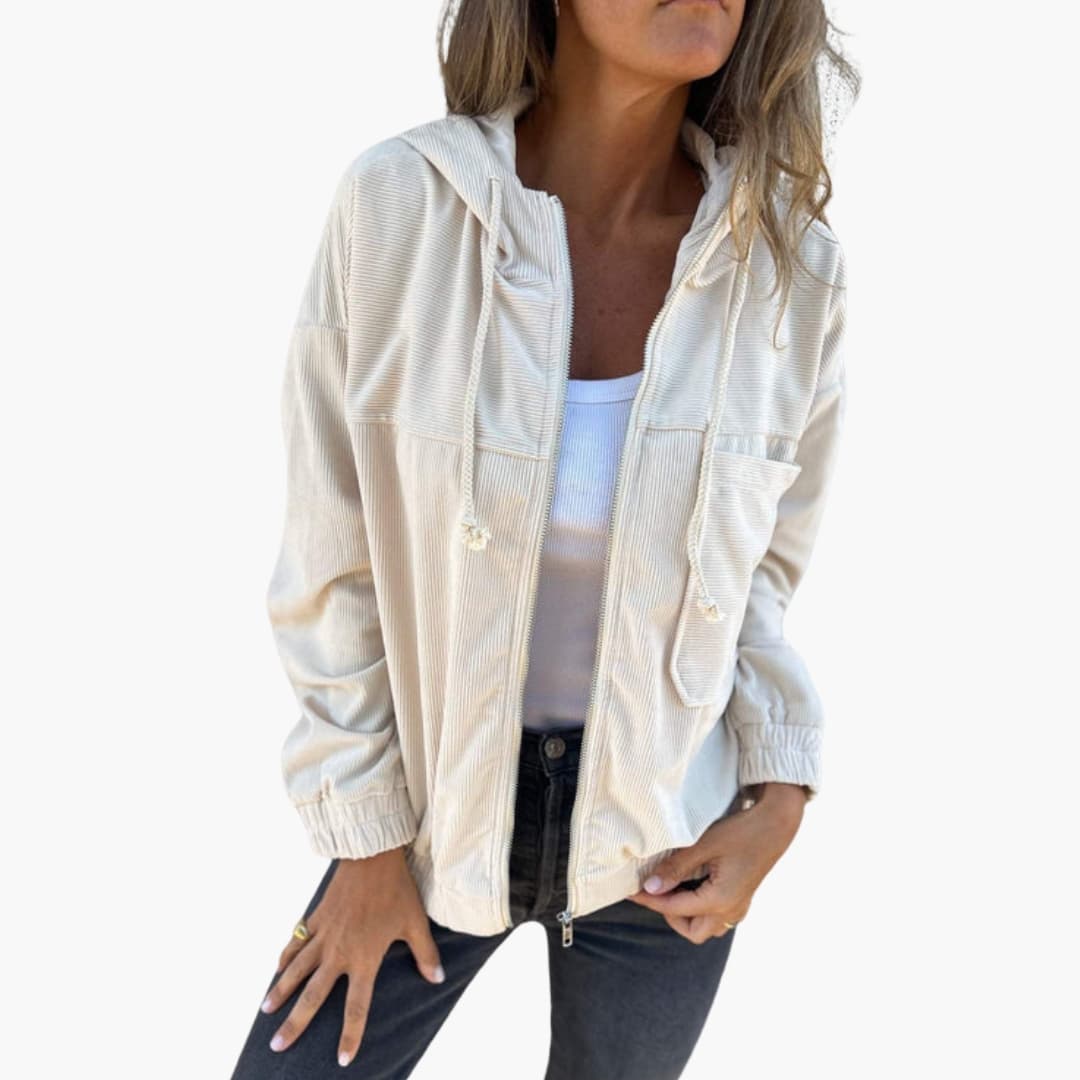 Veste Côtelée Femme avec Fermeture Éclair Frontale et Ourlet Ajustable