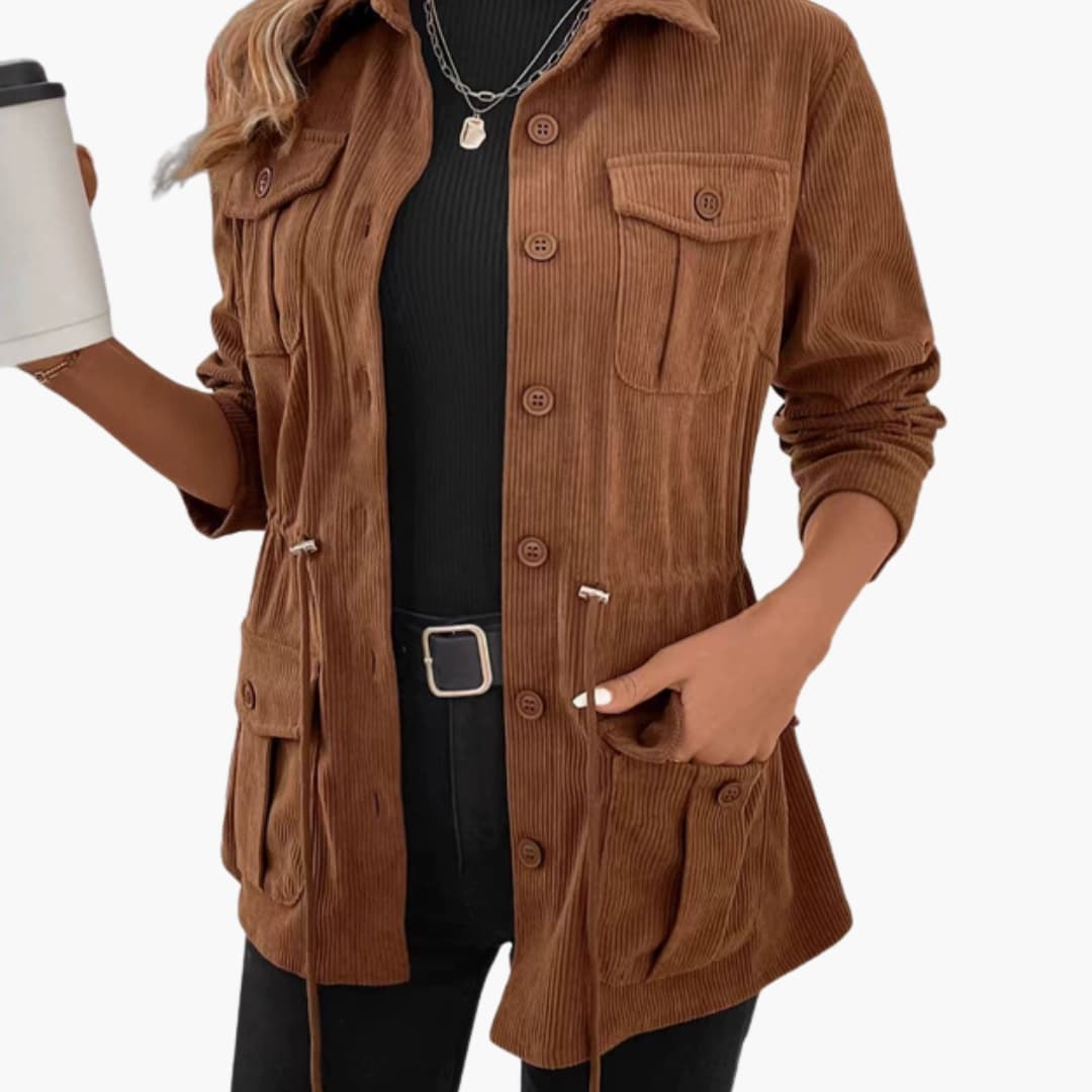 Veste Côtelée Femme avec Fermeture à Boutons et Poches Utilitaires