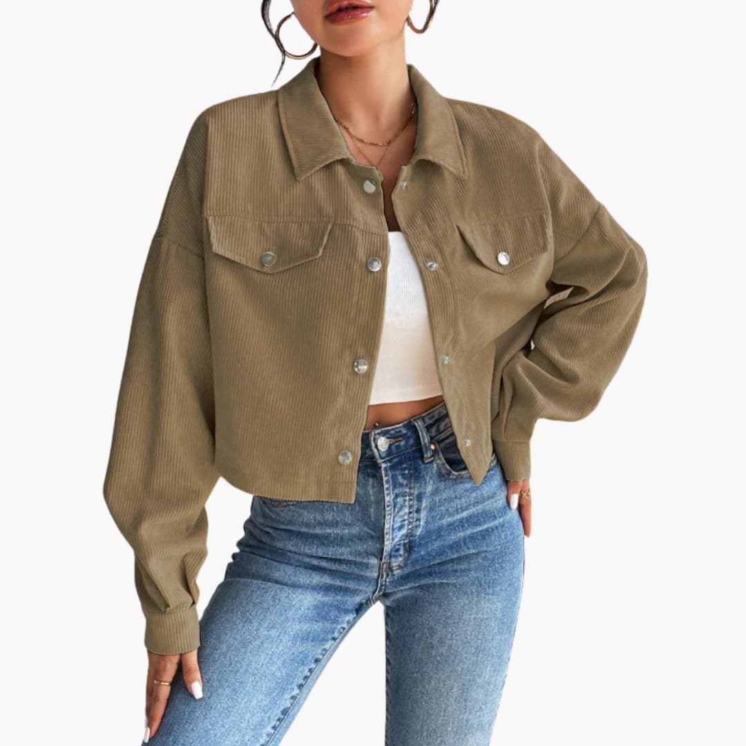 Women's Ribbed Short Jacket with Button Closure